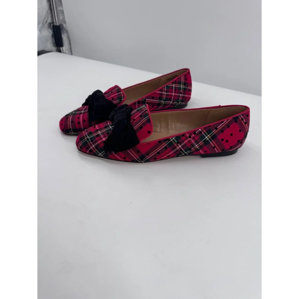 Talbots Ryan Loafers Women 9M Red Plaid Polka Dot Velvet Bow Flat Shoes